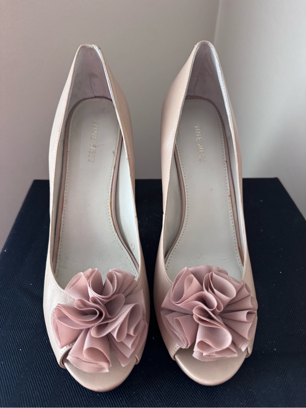 Nine West Blush Pink Peep-Toe Pumps with Rosette Detail